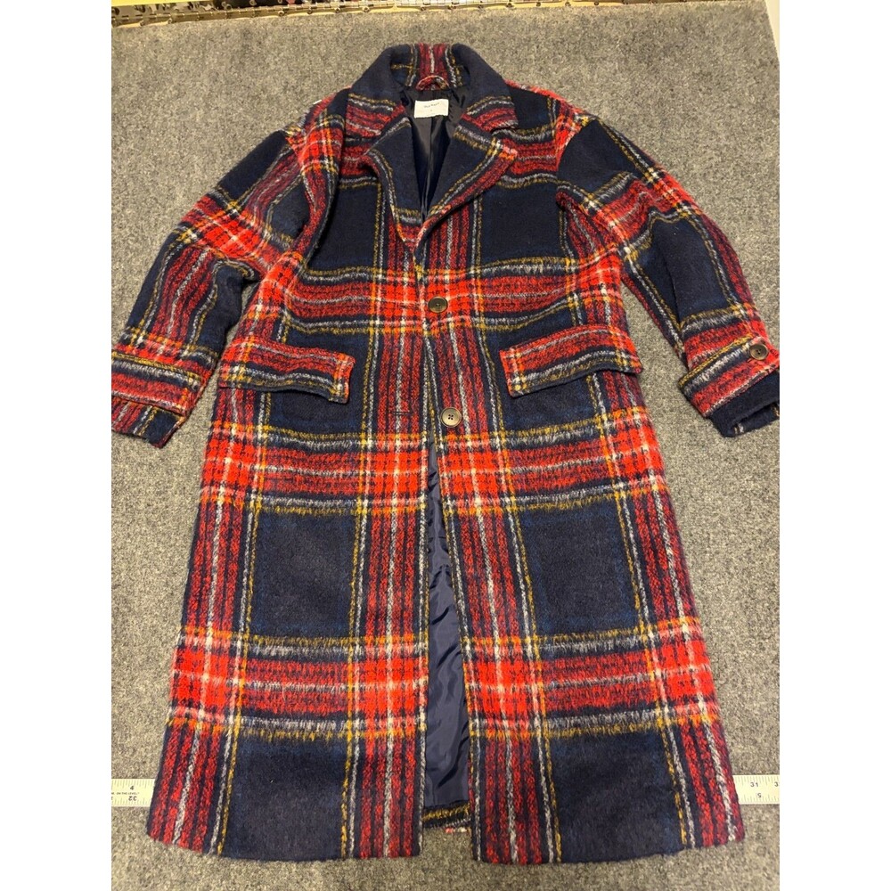 Old Navy Women's Plaid Tartan Long Overcoat Navy Red Wool Blend Size M - Picture 2 of 7
